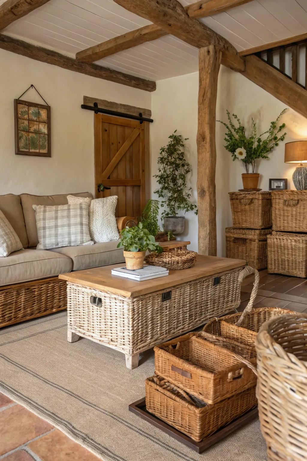 Wicker containers enhance the rustic aesthetic through utilitarian arrangement.