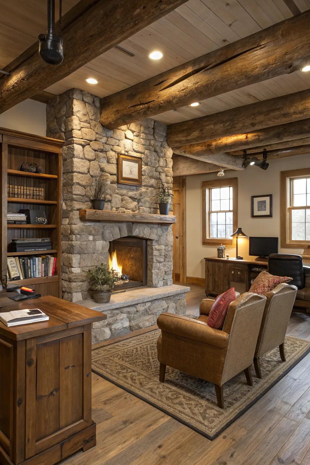A country-style fireplace adds charm and warmth to an office.