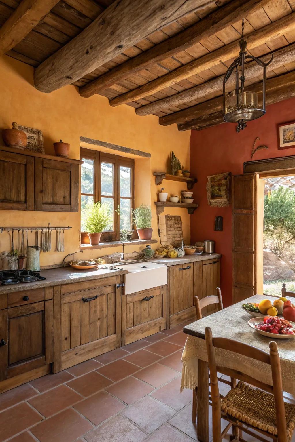 Warm, muted tinges build a weathered magnificence within this kitchen.