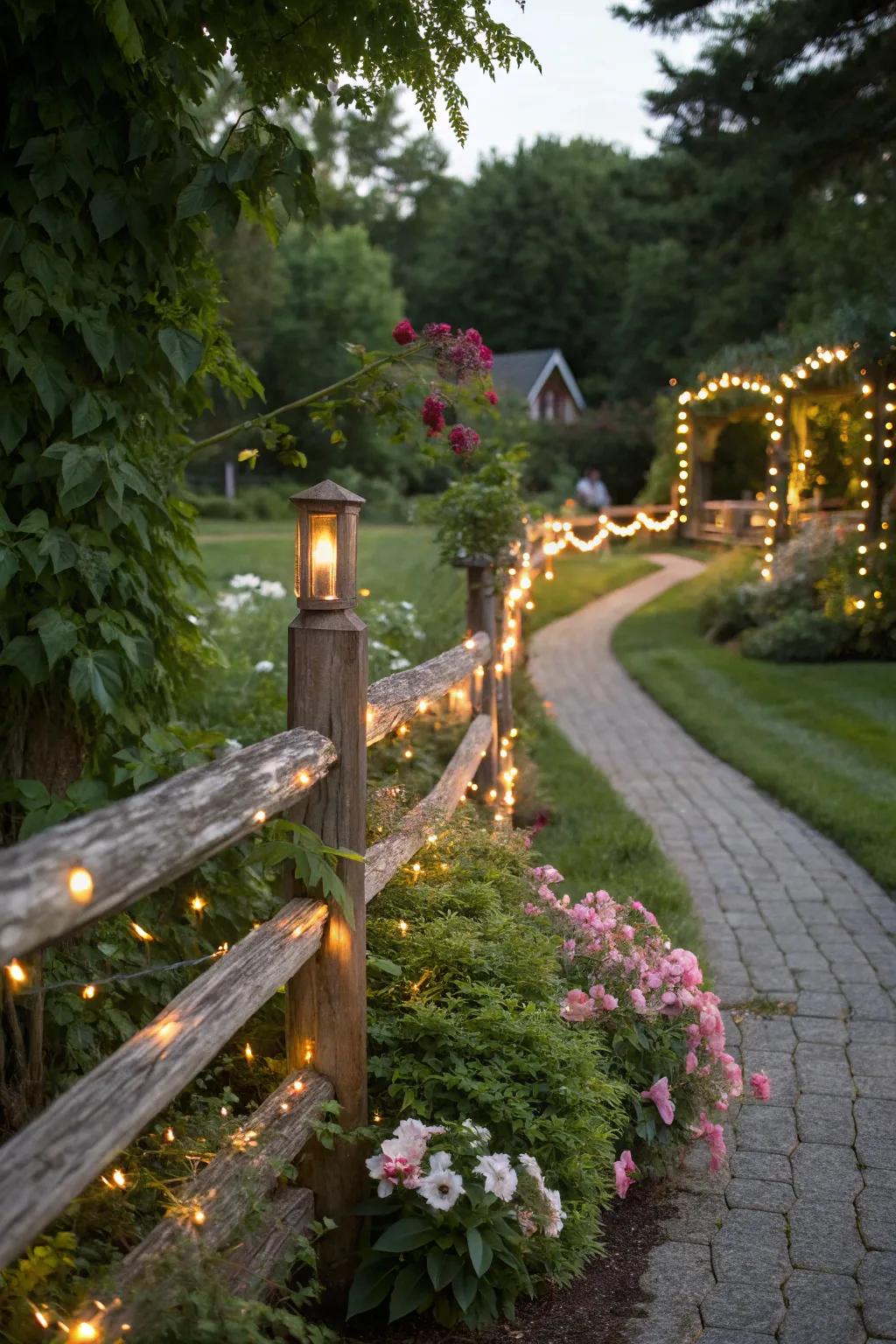 Pixie lights include an eccentric touch to a split rail fence, making an otherworldly evening withdraw.