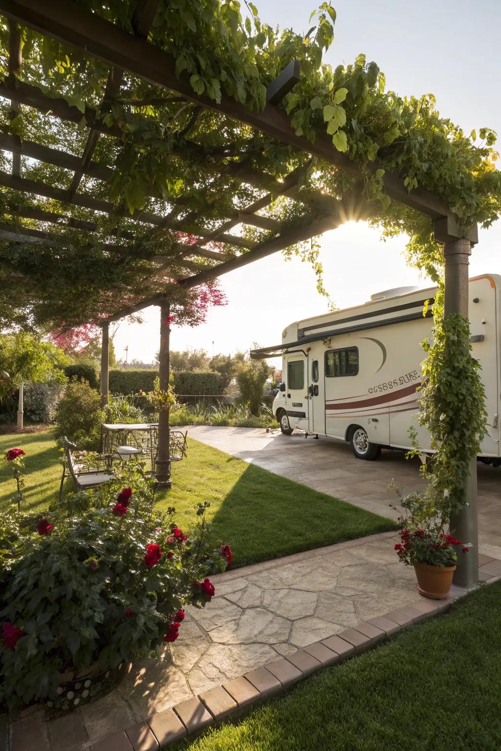 An structure-style RV shed offering partial protection and appeal.