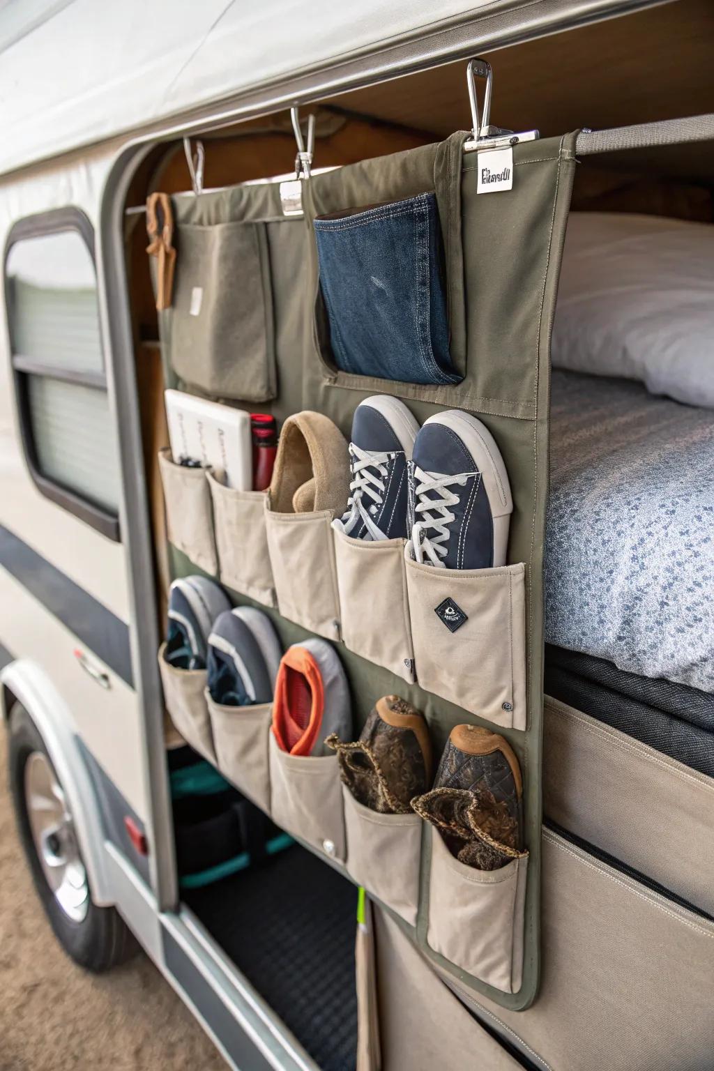 Incorporate shoe arrangement with bed frame pouches.