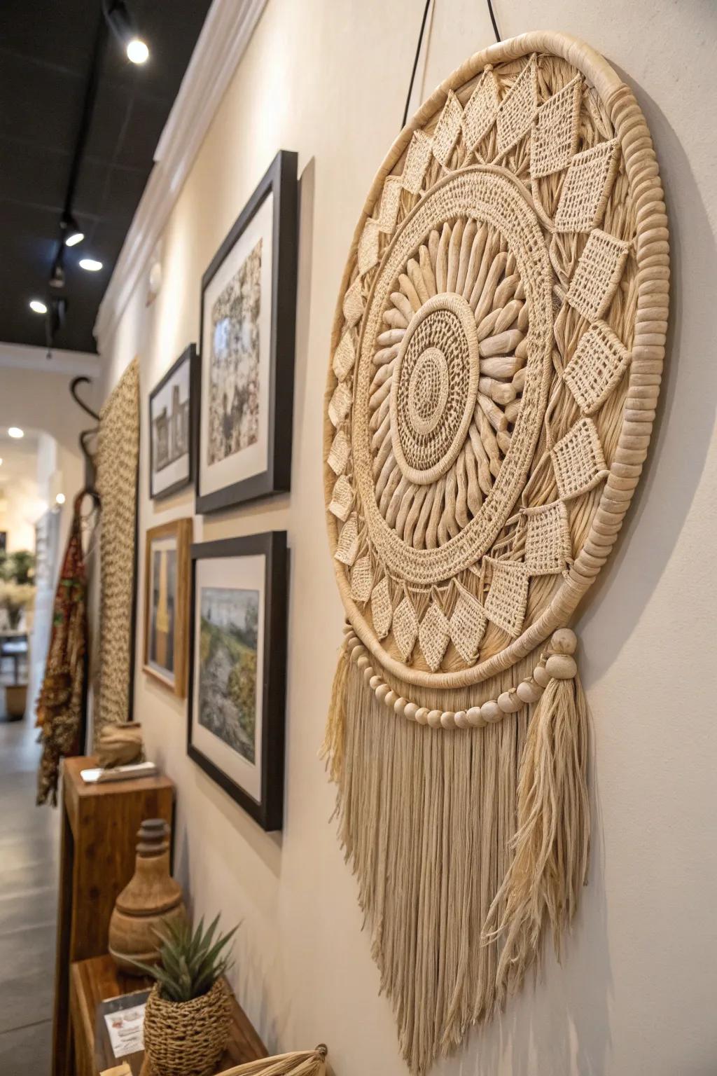 A wall presenting an ethically sourced handcrafted art piece
