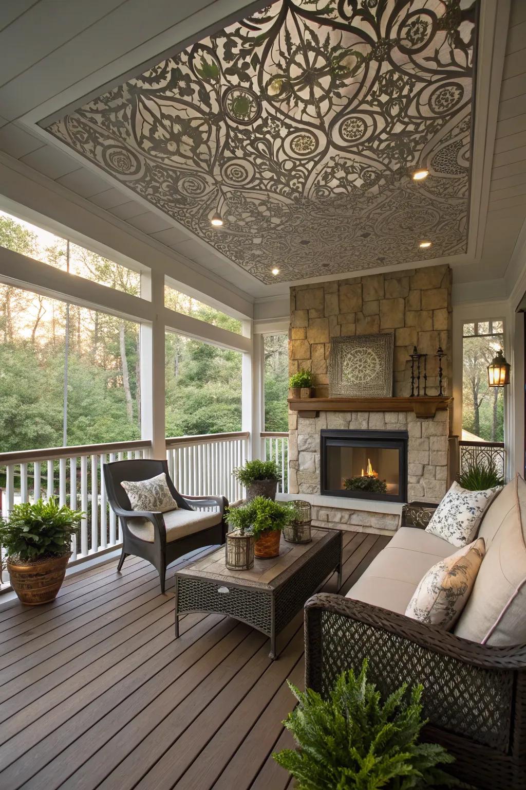 A porch furnished with a snug ceiling and hearth extends warmth and ambiance.
