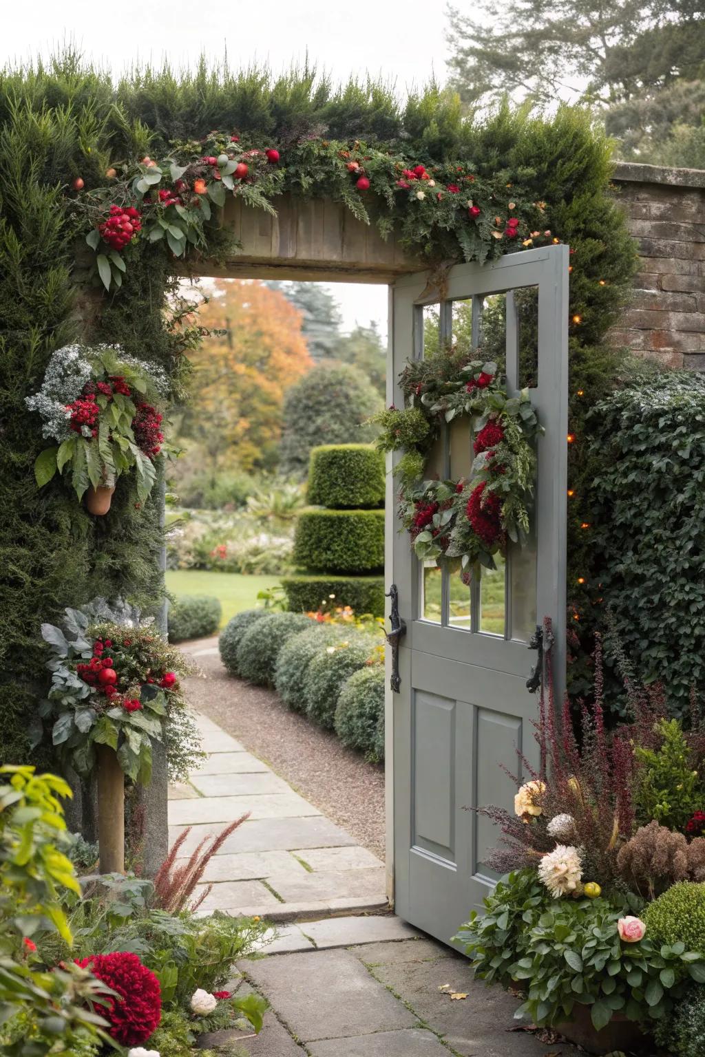 Periodic trimming sustains this garden door fresh and inviting year-round.