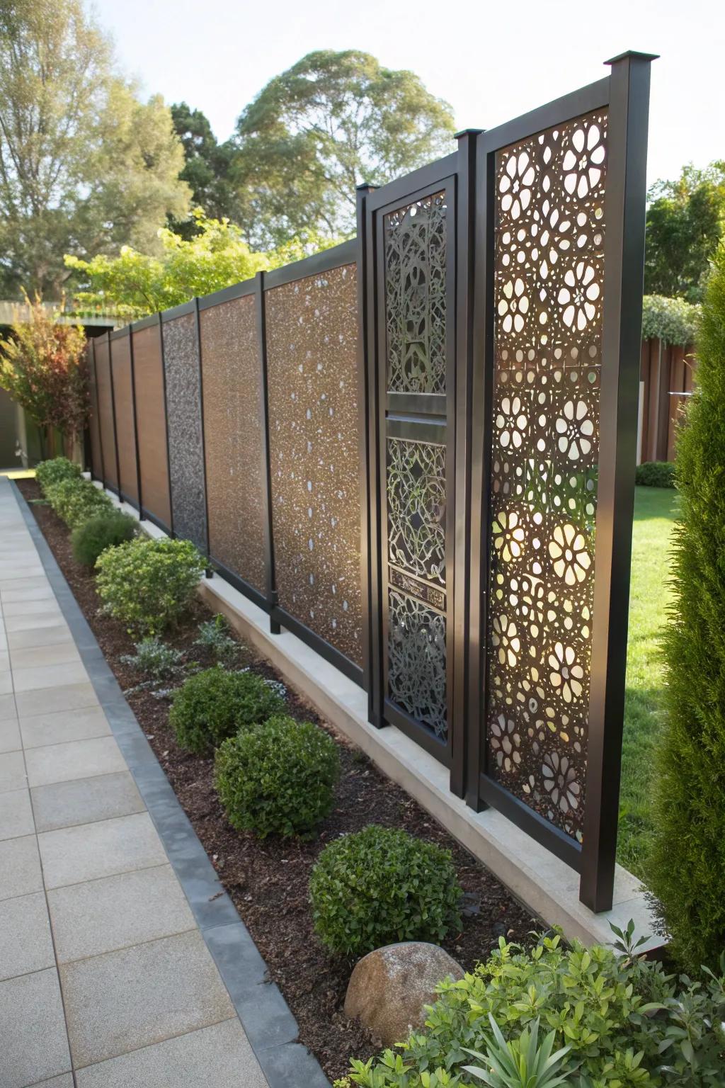 Intricate screens introduce artistry and sophistication to this contemporary garden space.