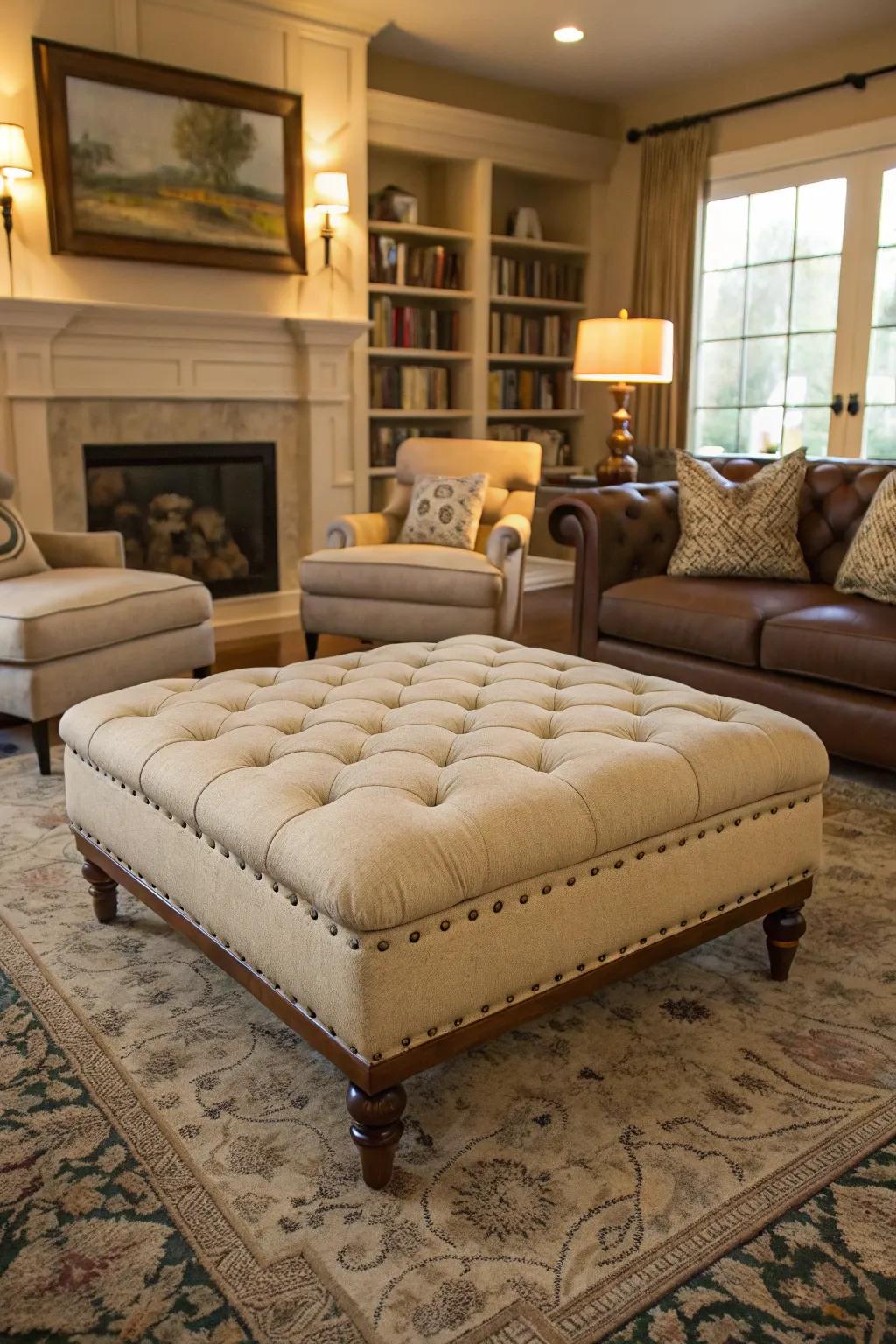 A stitched ottoman injects softness and multifunctionality.
