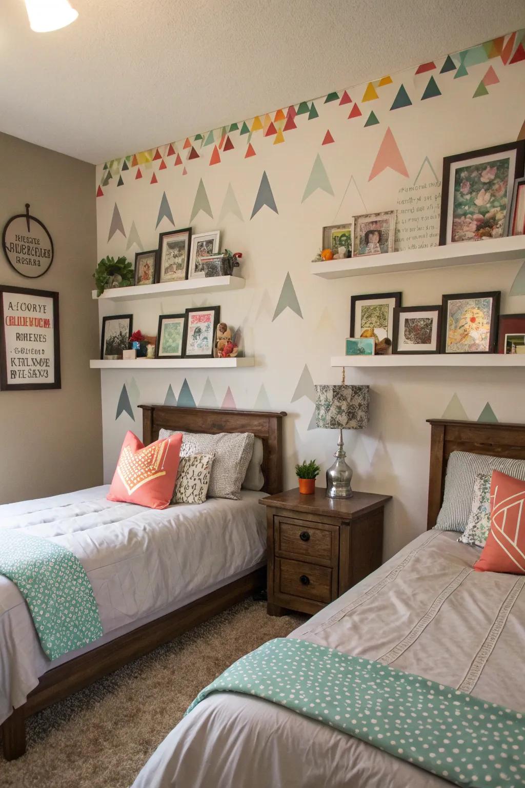 Personalized wall art contributes a touch of individuality to this shared bedroom.
