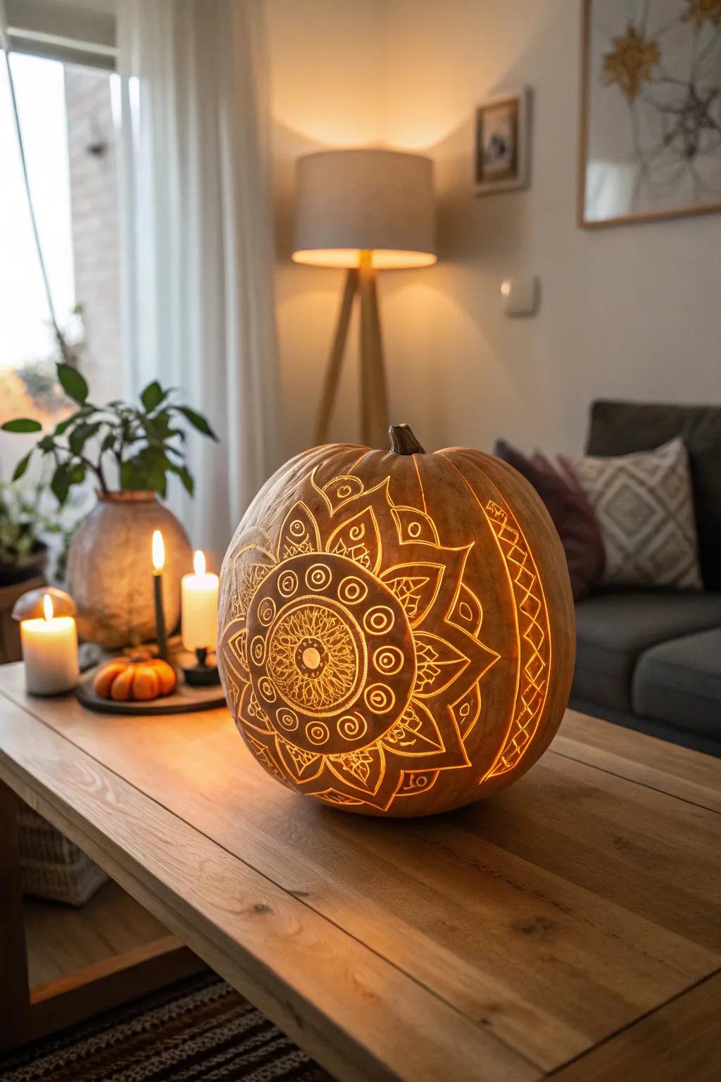 A mystical mandala etched into a gourd, offering peace and beauty.