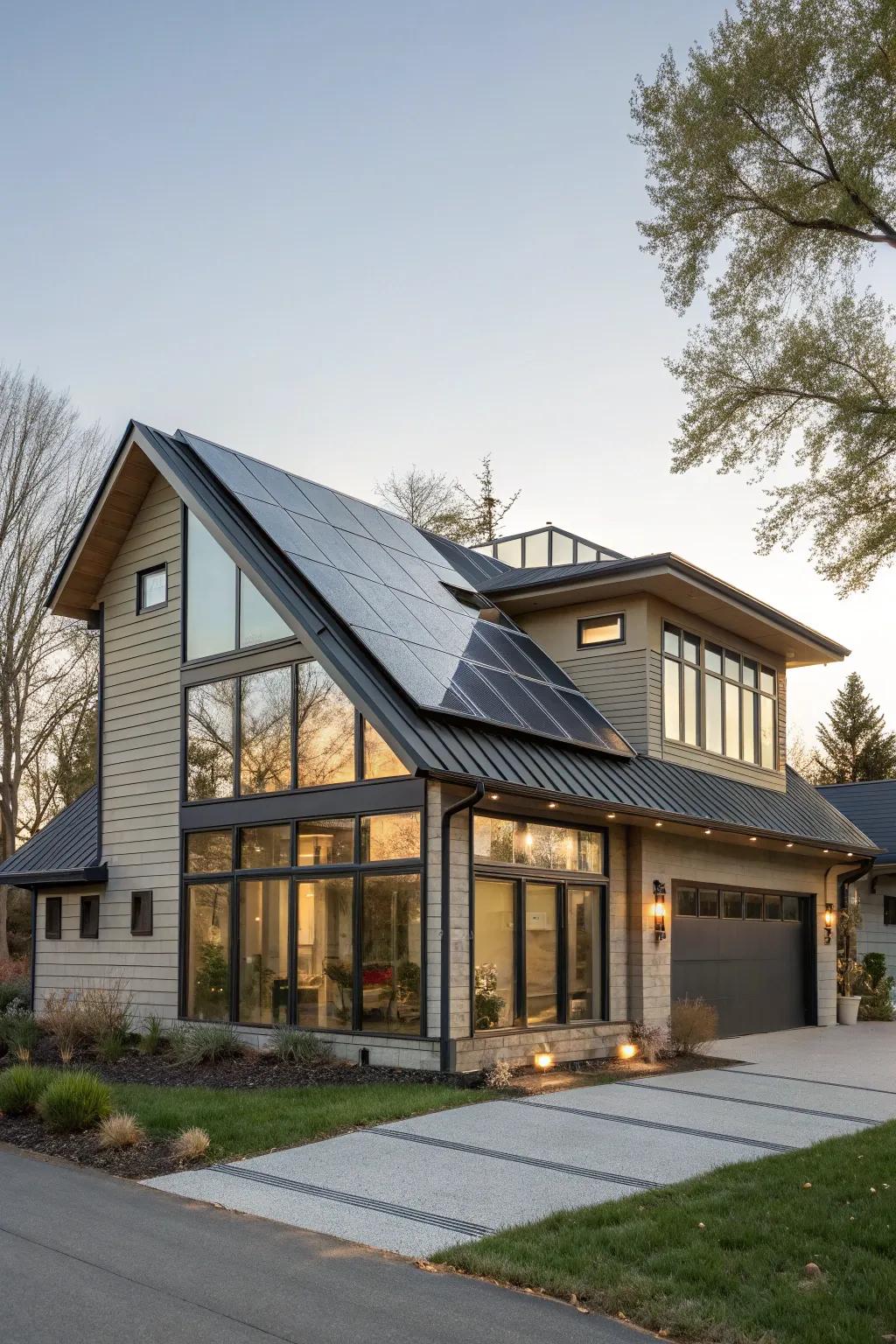 A modern home with a solar panel-equipped shed dormer.