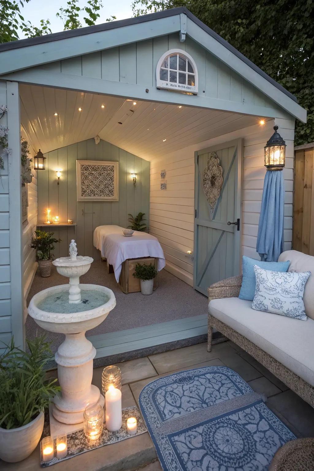 A converted shed interior designed as an opulent spa getaway.