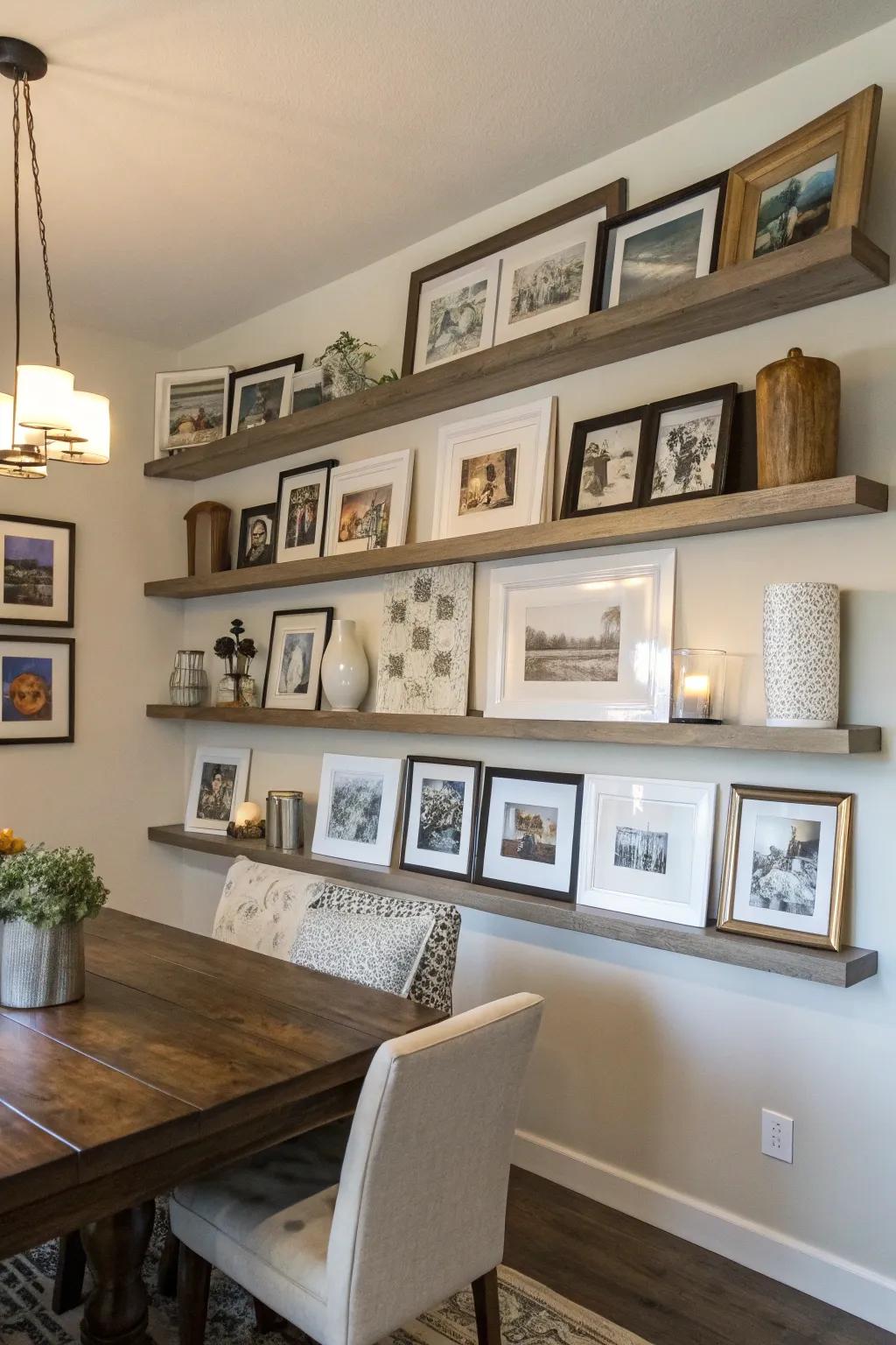 A gallery wall of art and photos on dining room shelving.