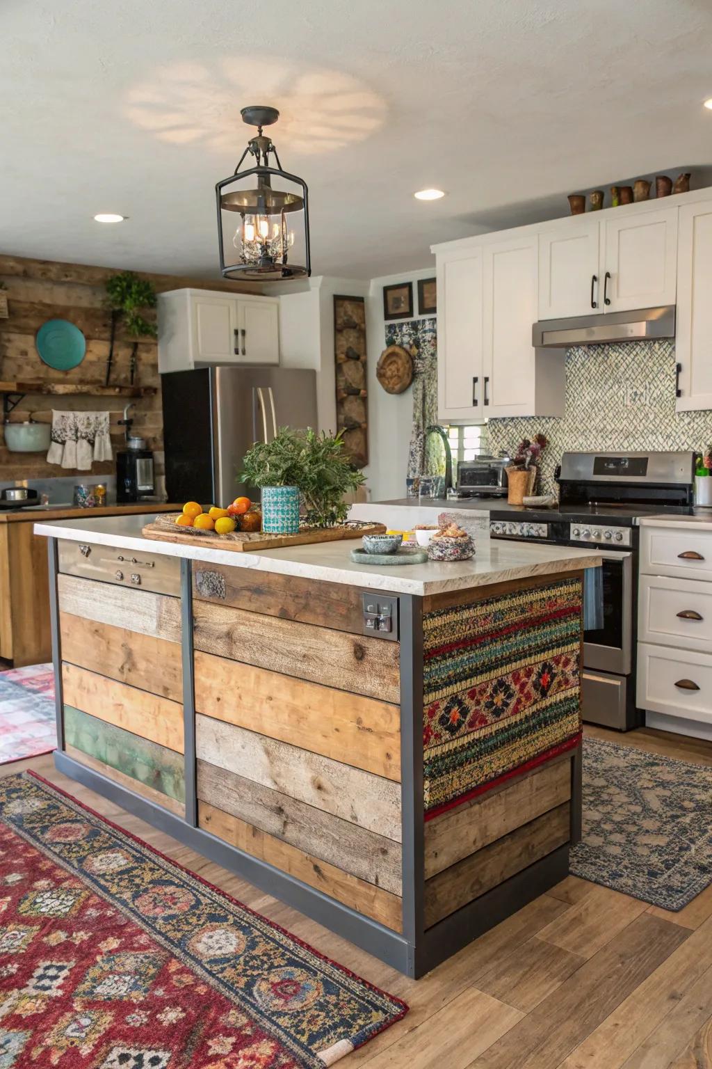 Eclectic kitchen featuring a shiplap island, interweaving modern and country aesthetics.