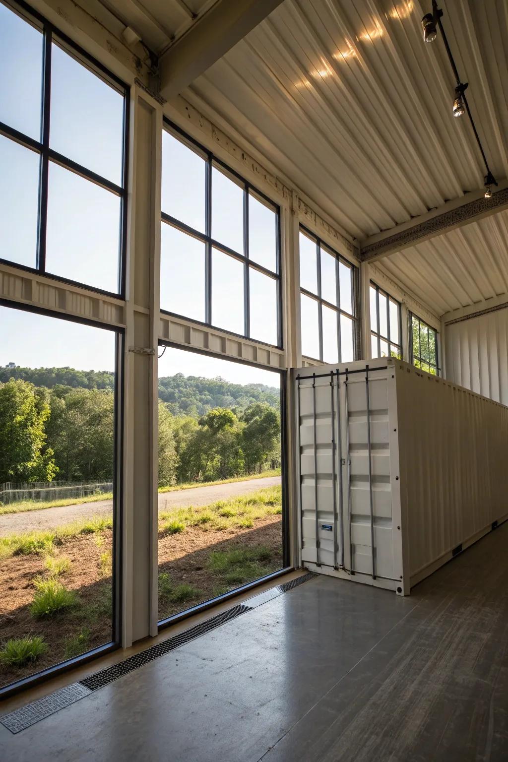 A light-filled metal box barn packed with sunshine.