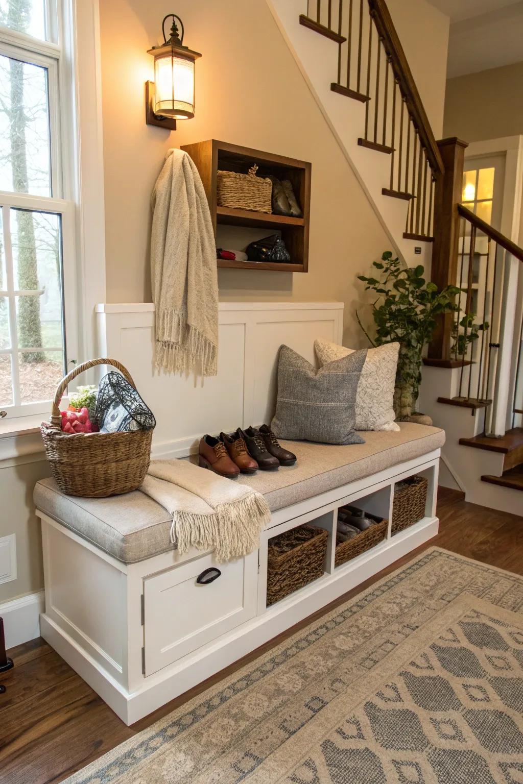 A concealed storage bench delivering streamlined footwear storage options.