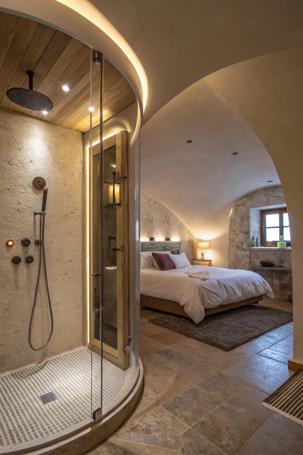 Arched aesthetics fashion an intimate and fashionable showering area.