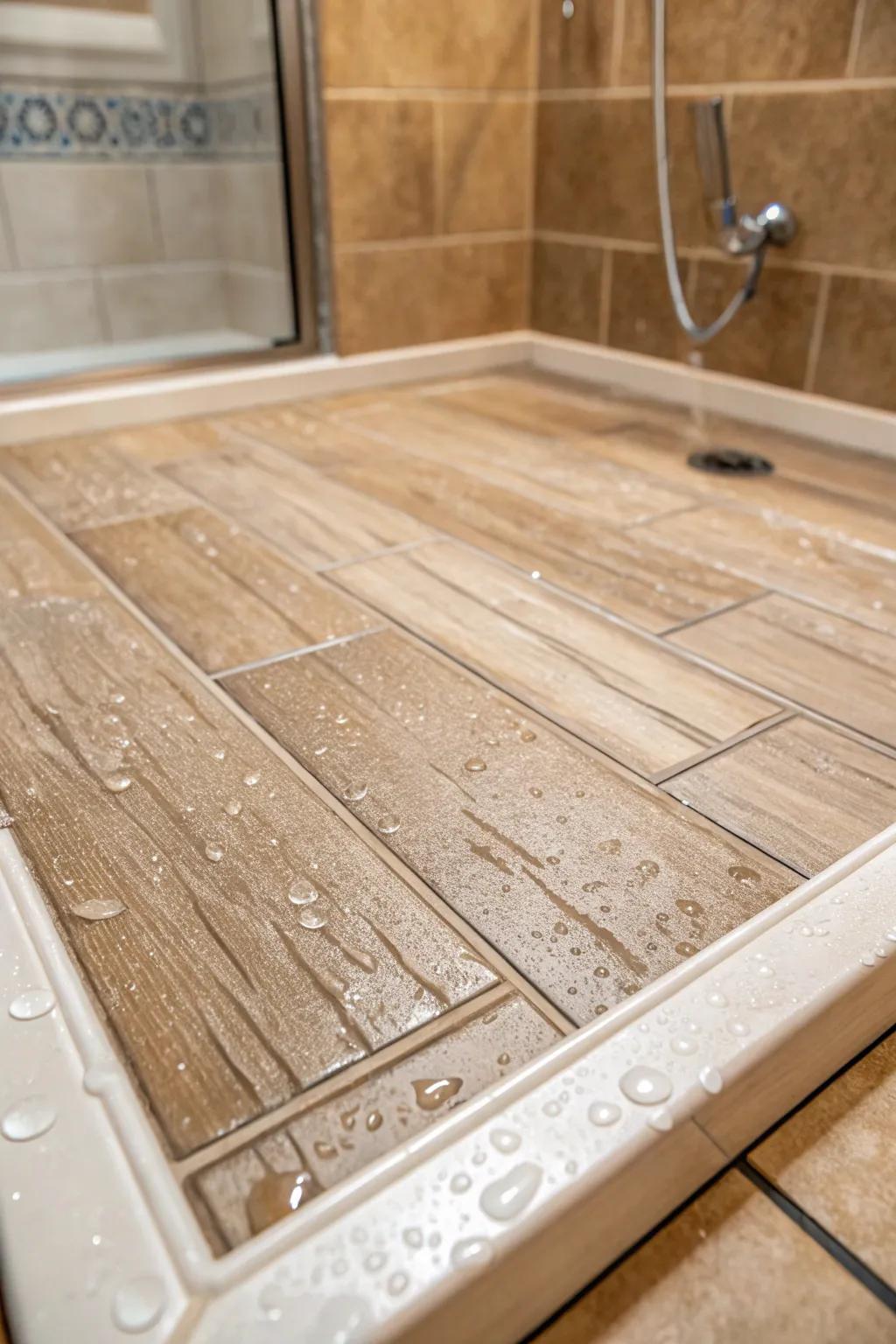 Timber-look tiles on this shower space offer a warm and inviting organic appearance.