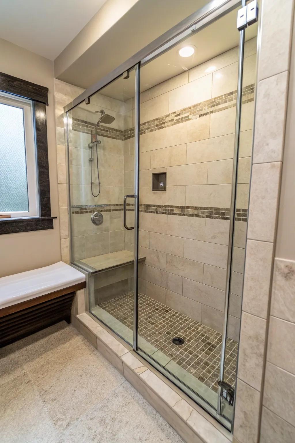 A shower stall showcasing an integrated bench for supplemental comfort.