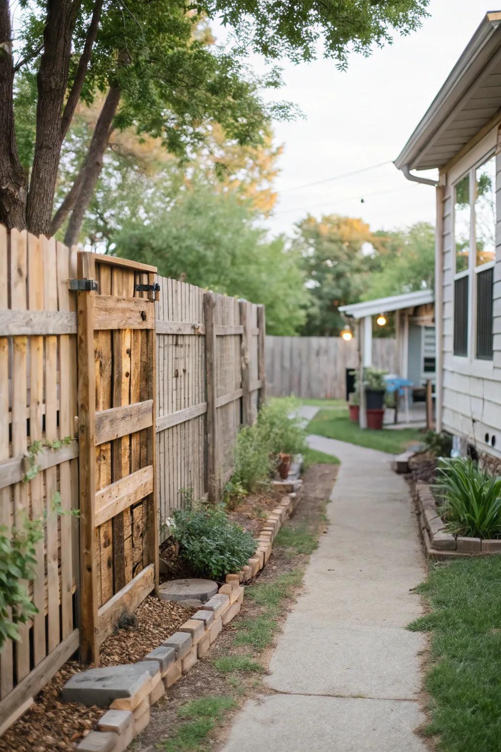 Unique side yard featuring a wooden pallet fence.