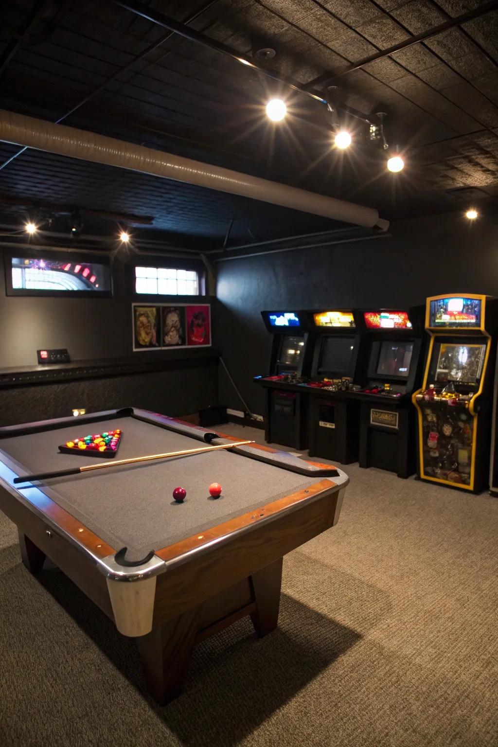 A game room delivers fun and thrill to your basement.
