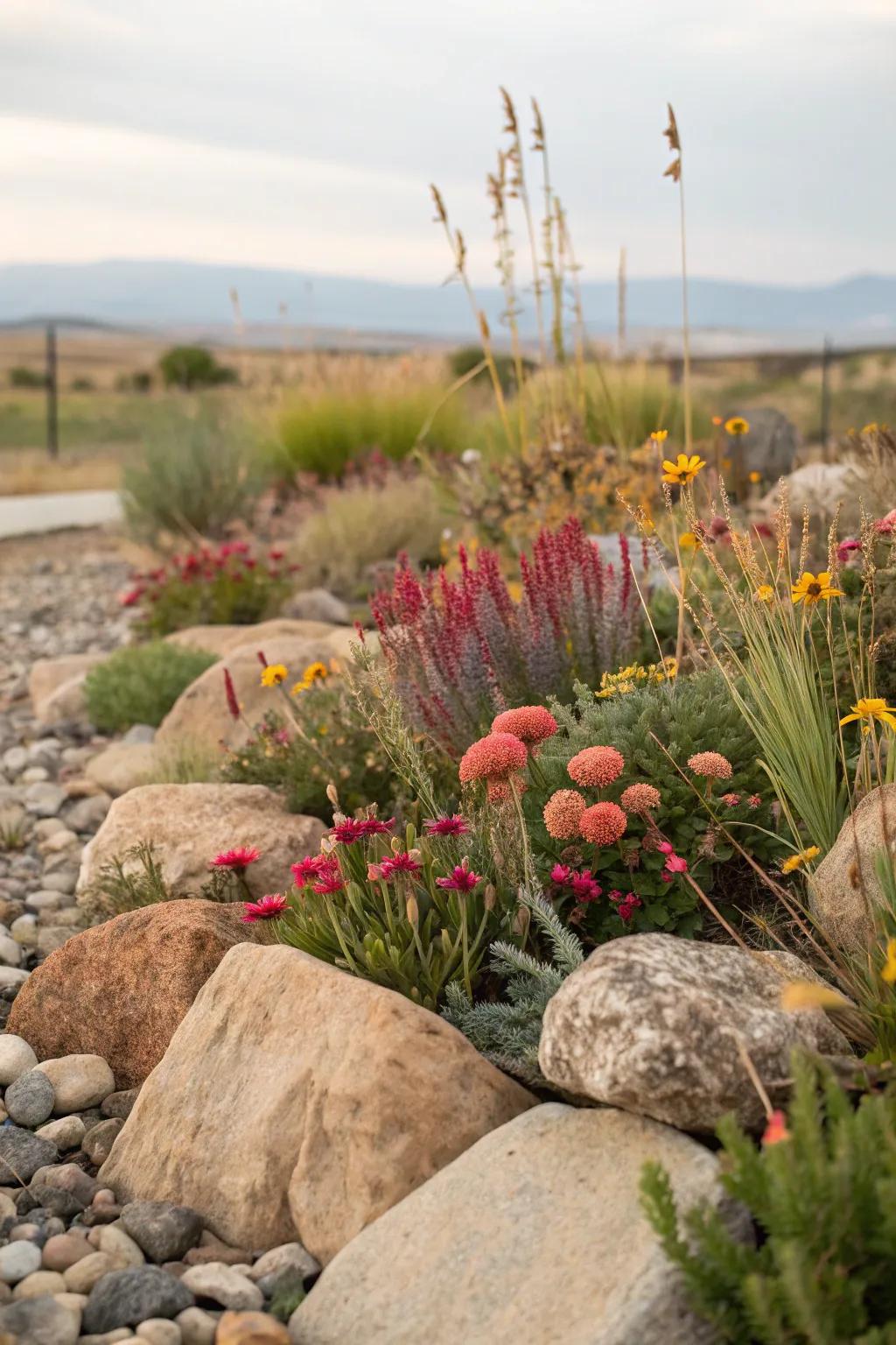A xeriscape garden bed provides a sustainable and undemanding alternative for arid climes.