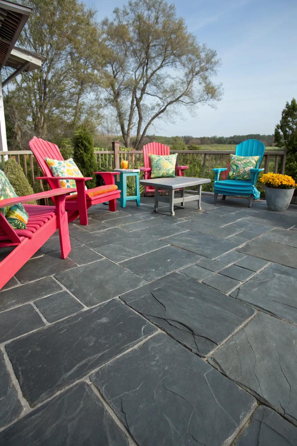 A slate patio with bold, contrasting colors in its decor.