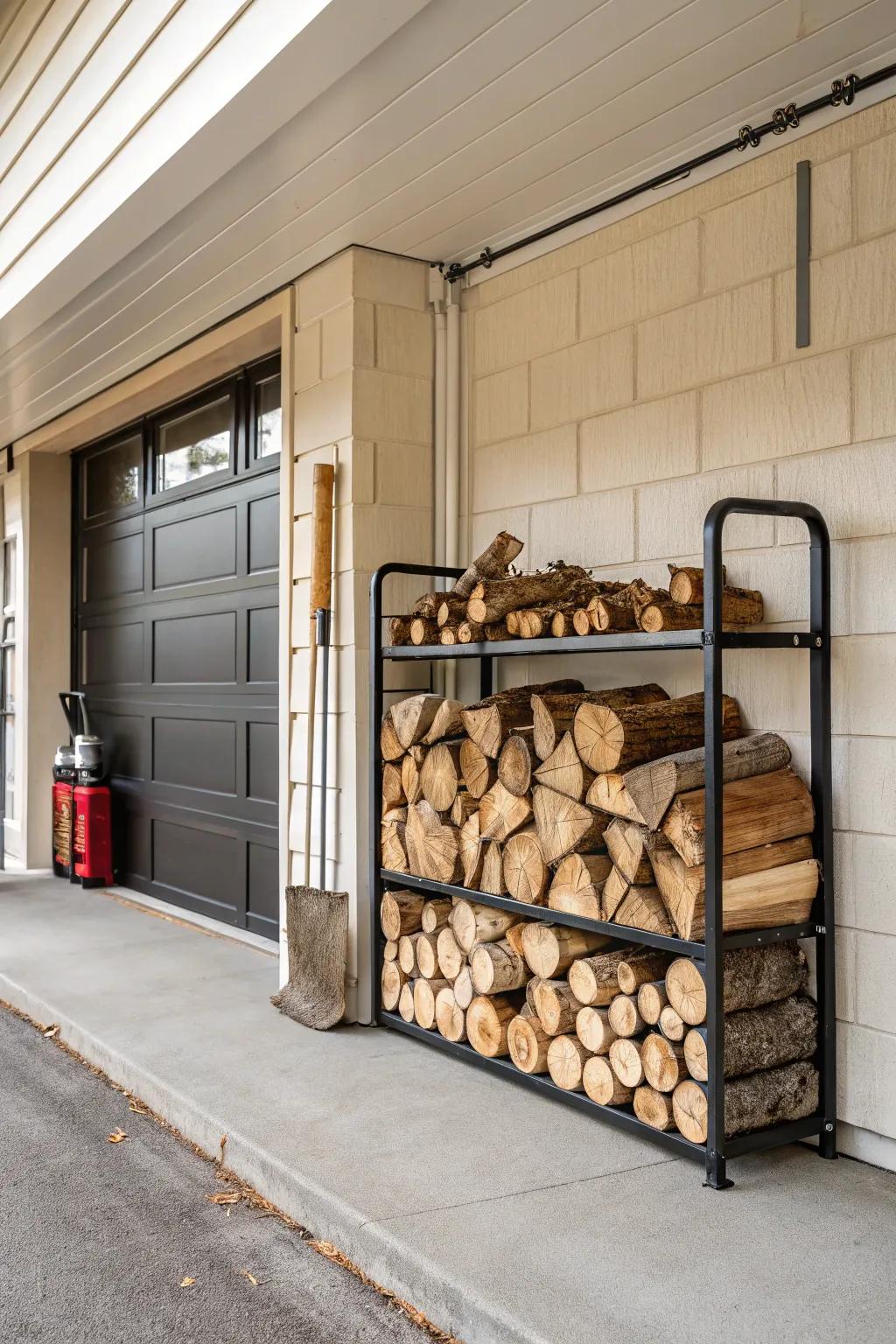 A firewood holder keeps logs organized.
