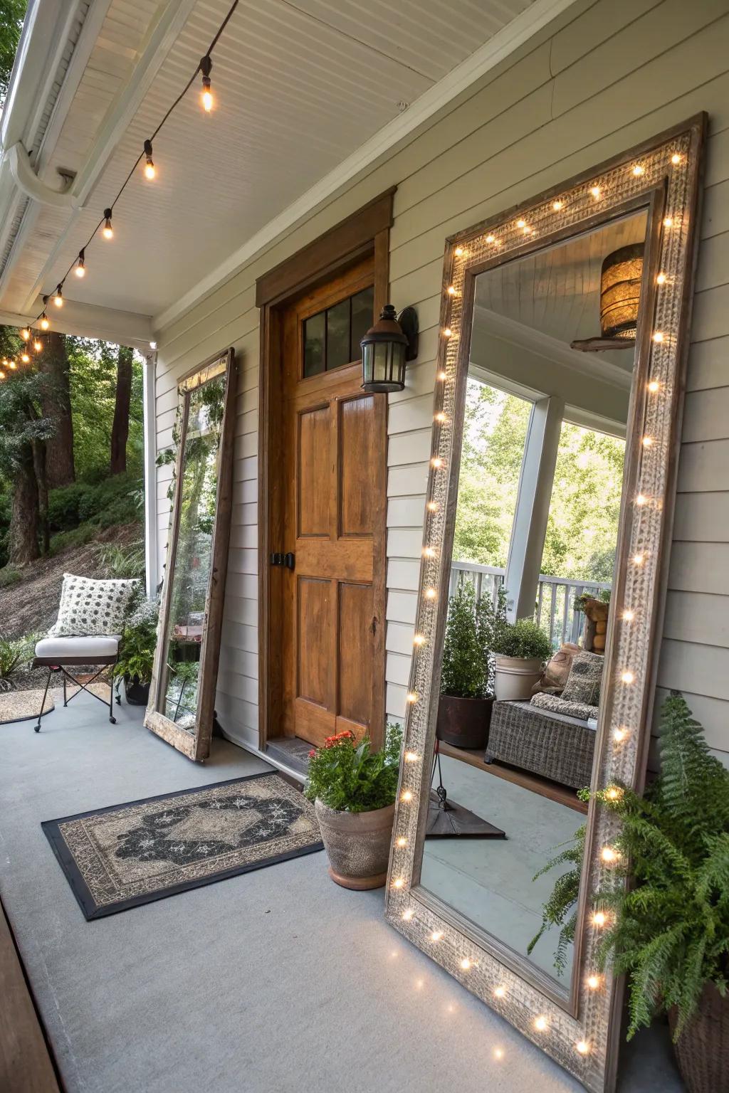 Mirrors expand the visual expanse of a modest veranda.
