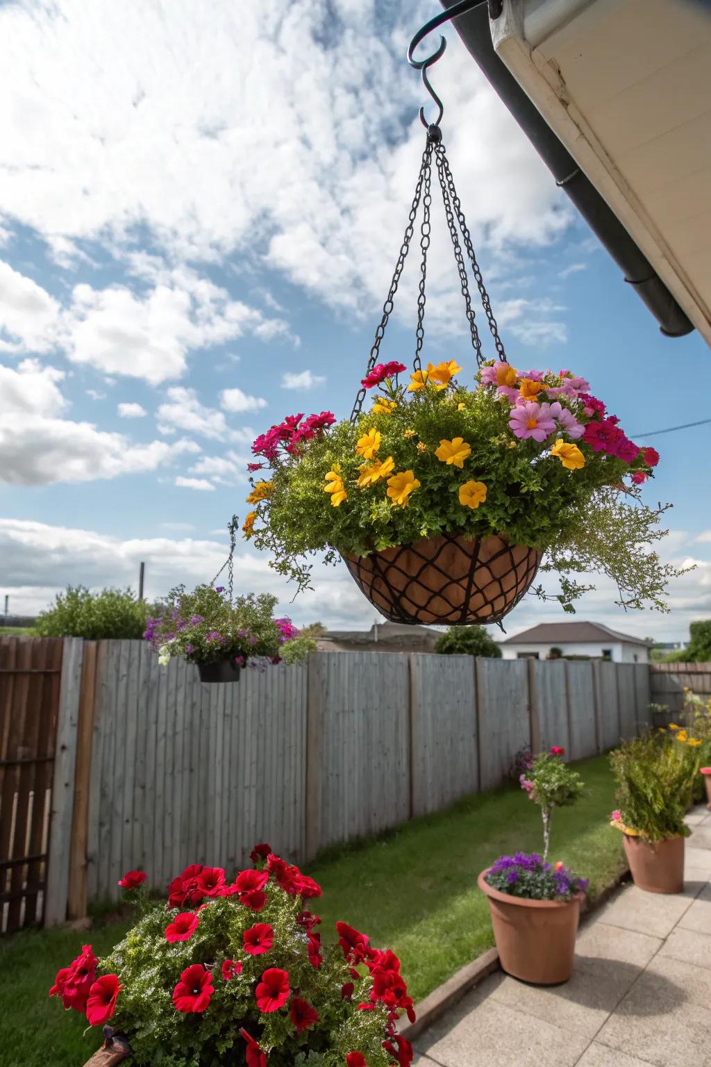 A suspended basket provides a vibrant and space-savvy garden solution.