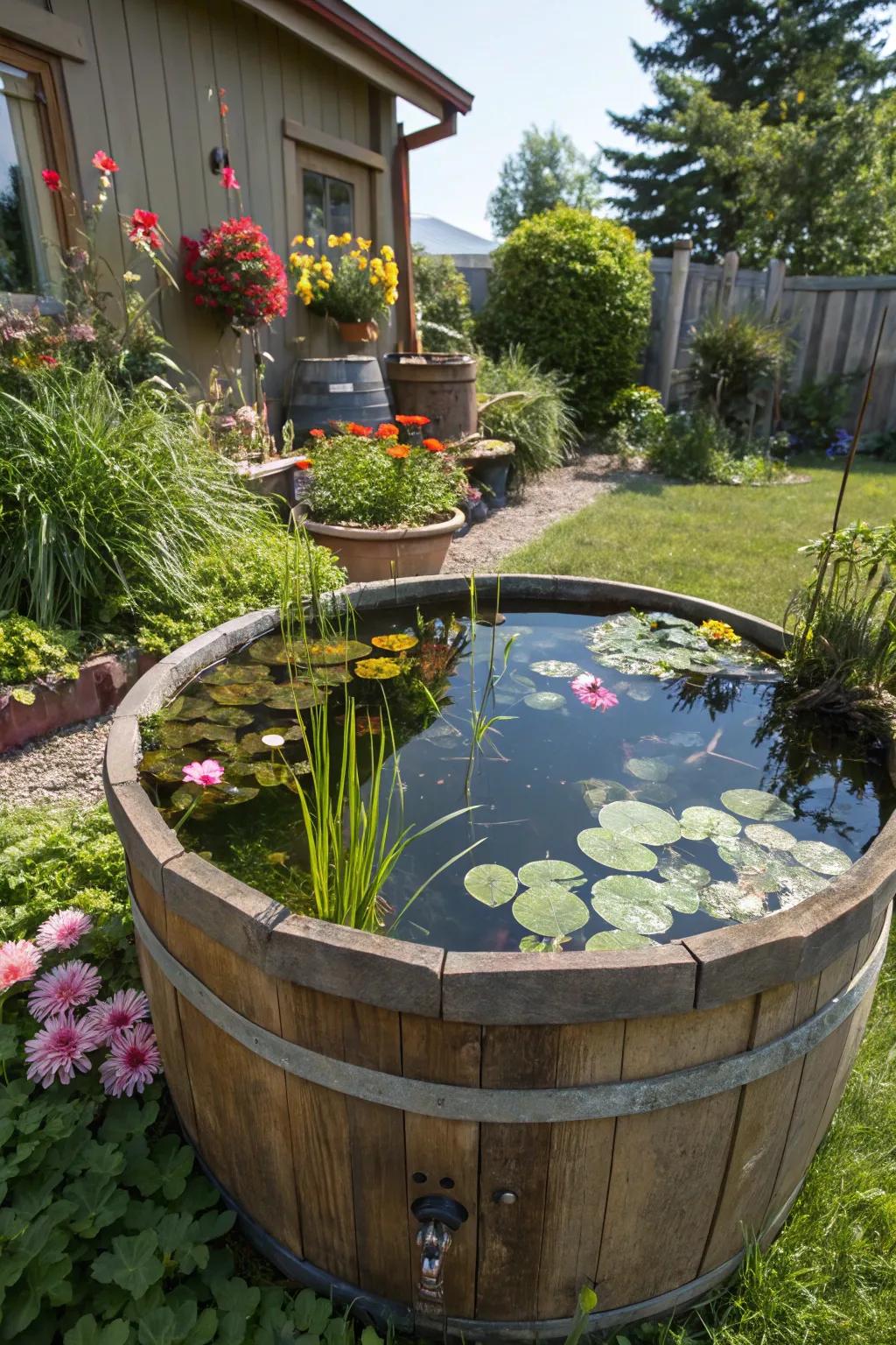 A cask pond offers rustic charm and complements wooden components well.