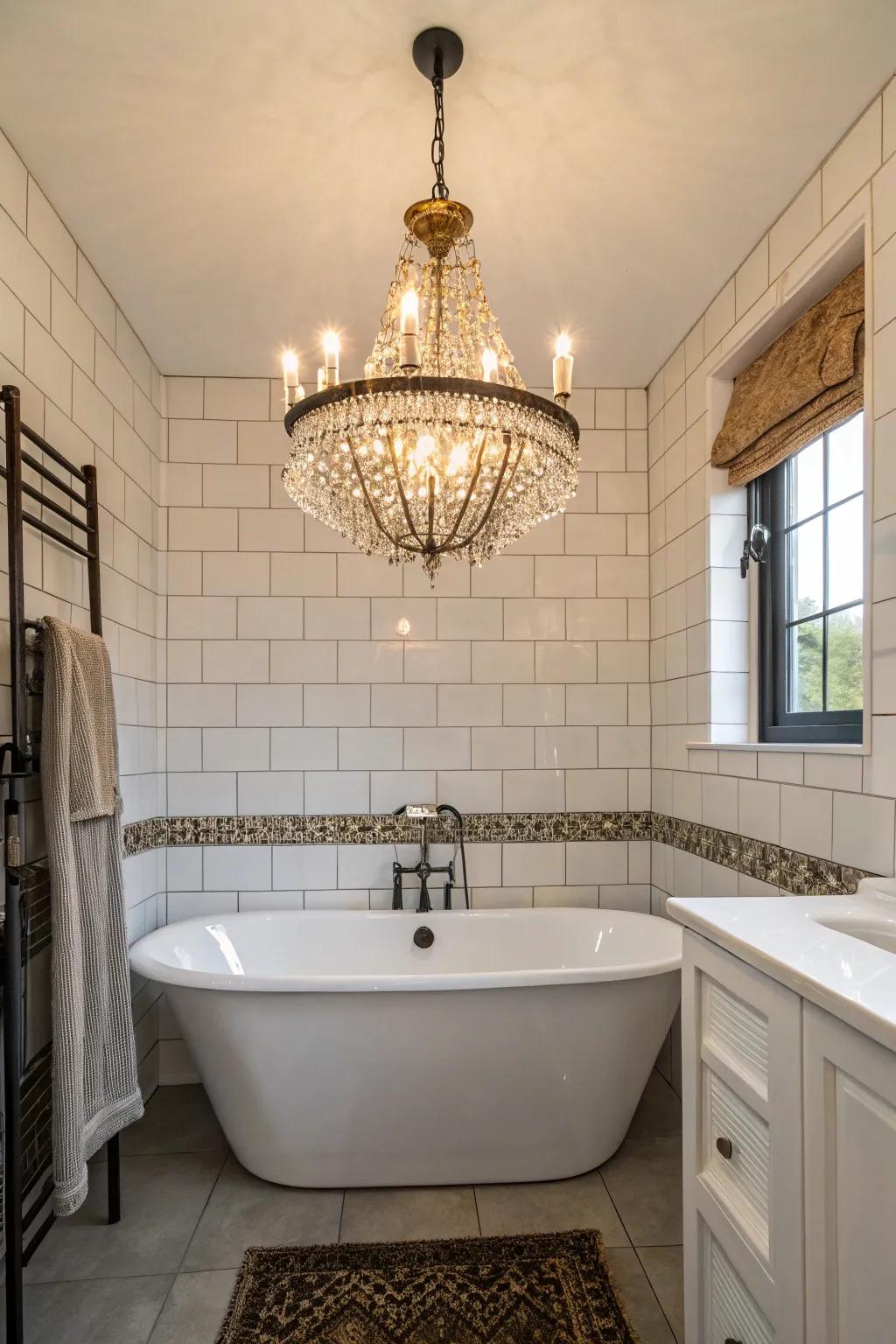 Mini chandelier adding a luxurious element.