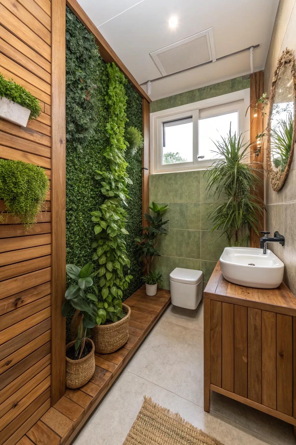 Verdant wall panels highlight a compact bathroom, infusing natural freshness and vitality.