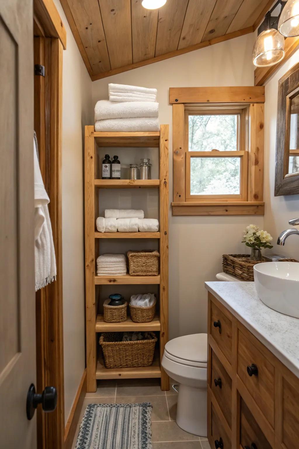 Wooden shelving introduces natural splendor and storage options.