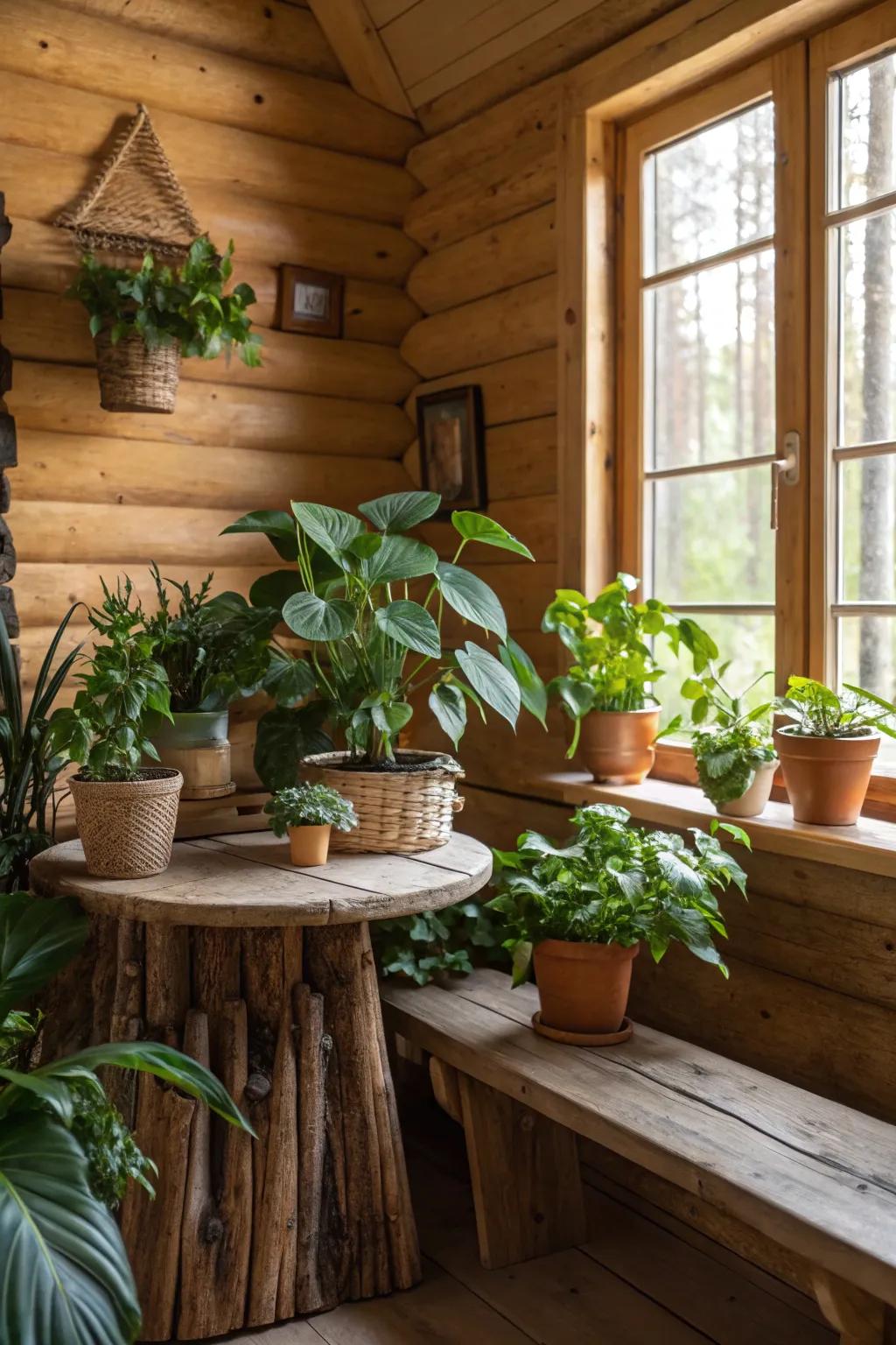 Cabin interiors with indoor plants that inspire vibrancy.