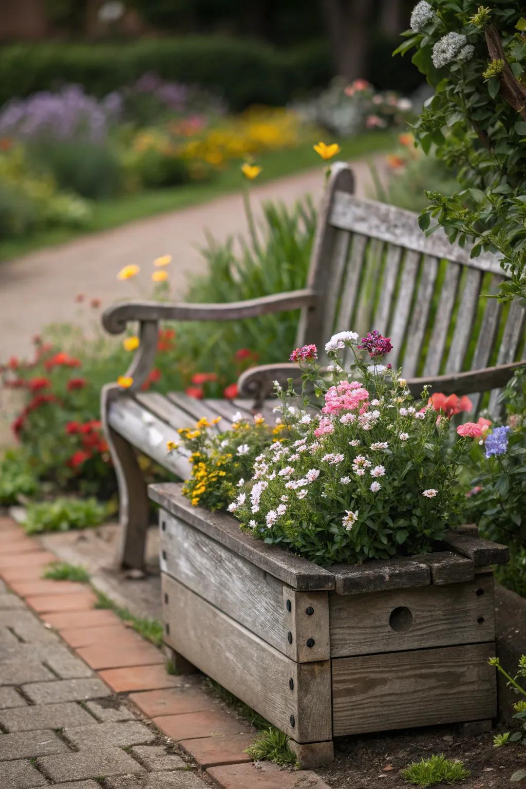 A cozy, petite flower bed enticingly arranged in proximity to a rustic divan.