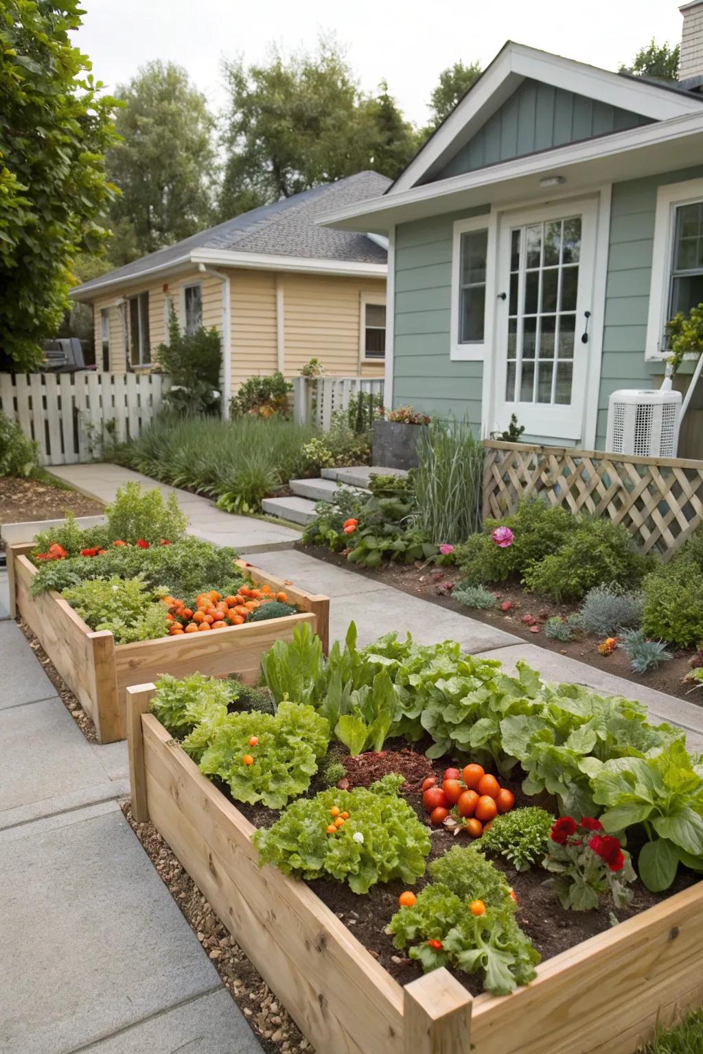 Elevated beds append structure and facilitate gardening tasks.