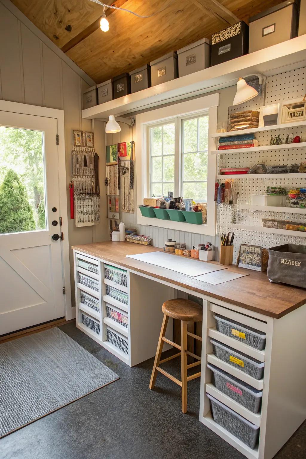 A small garage transformed into a creative crafting place.