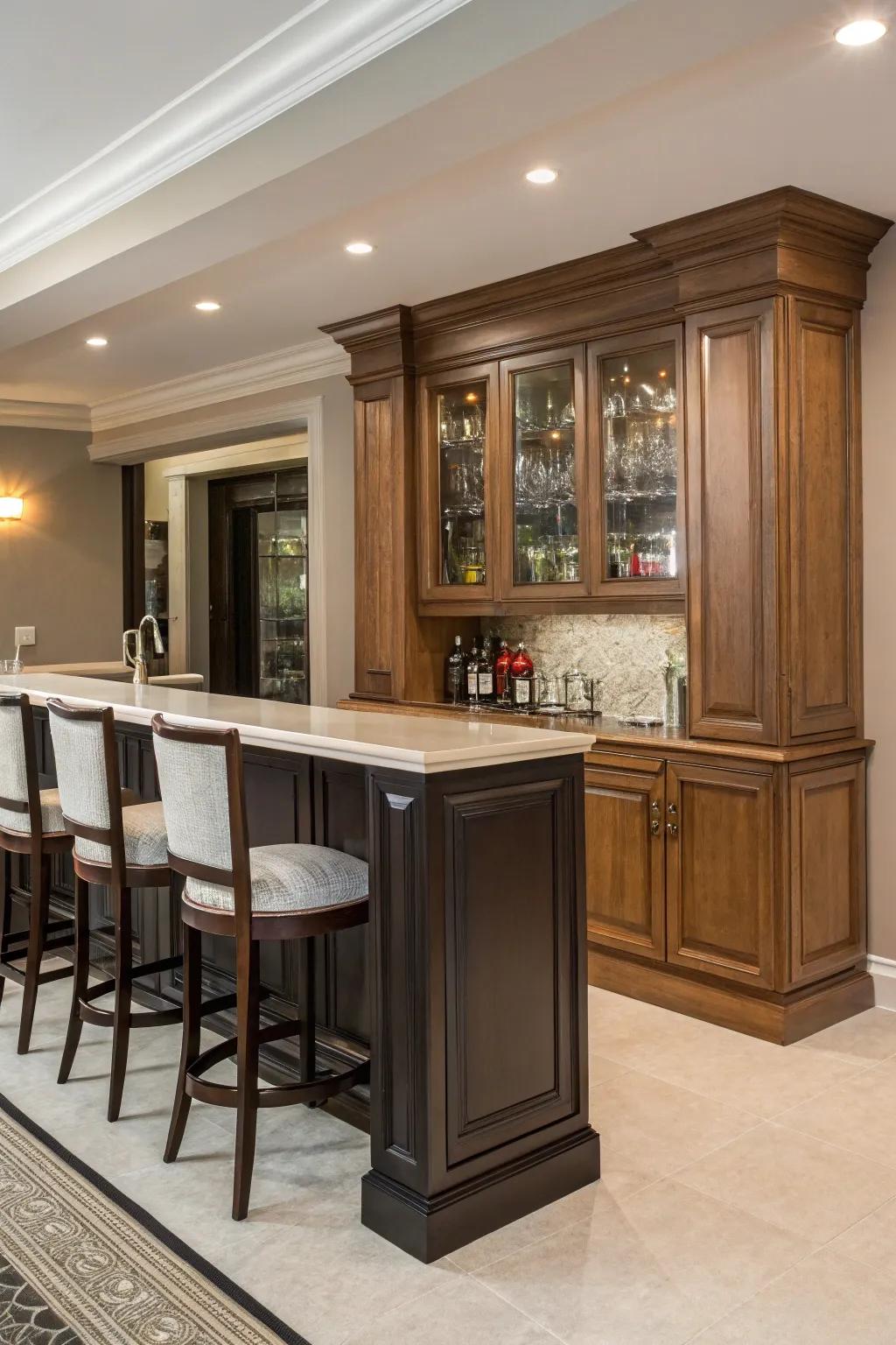 Two-tone cabinetry appends dimension and flair to your home bar.