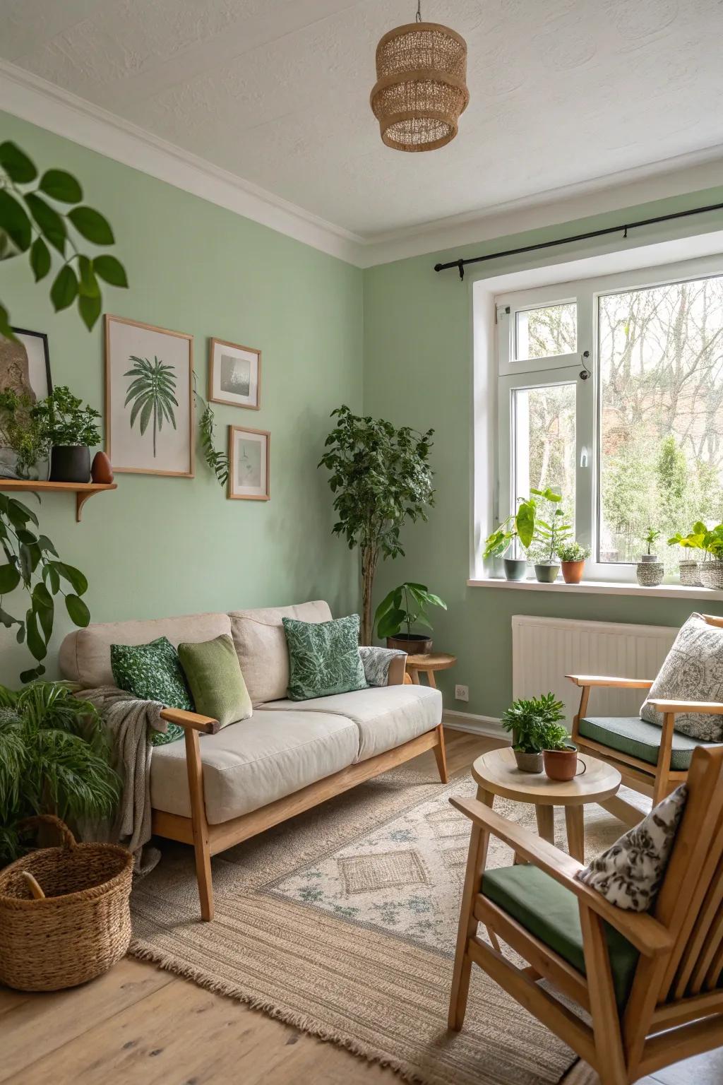 A small living room with soft green walls for tranquility.