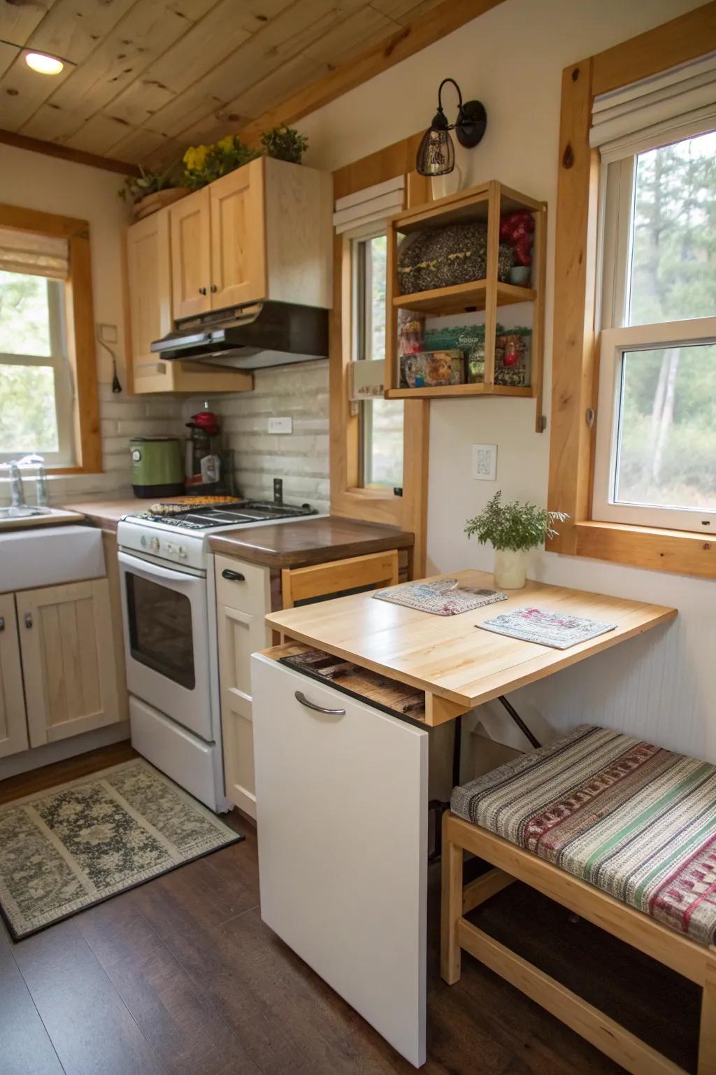 A fold out surface provides versatility within this multi operational cooking space.