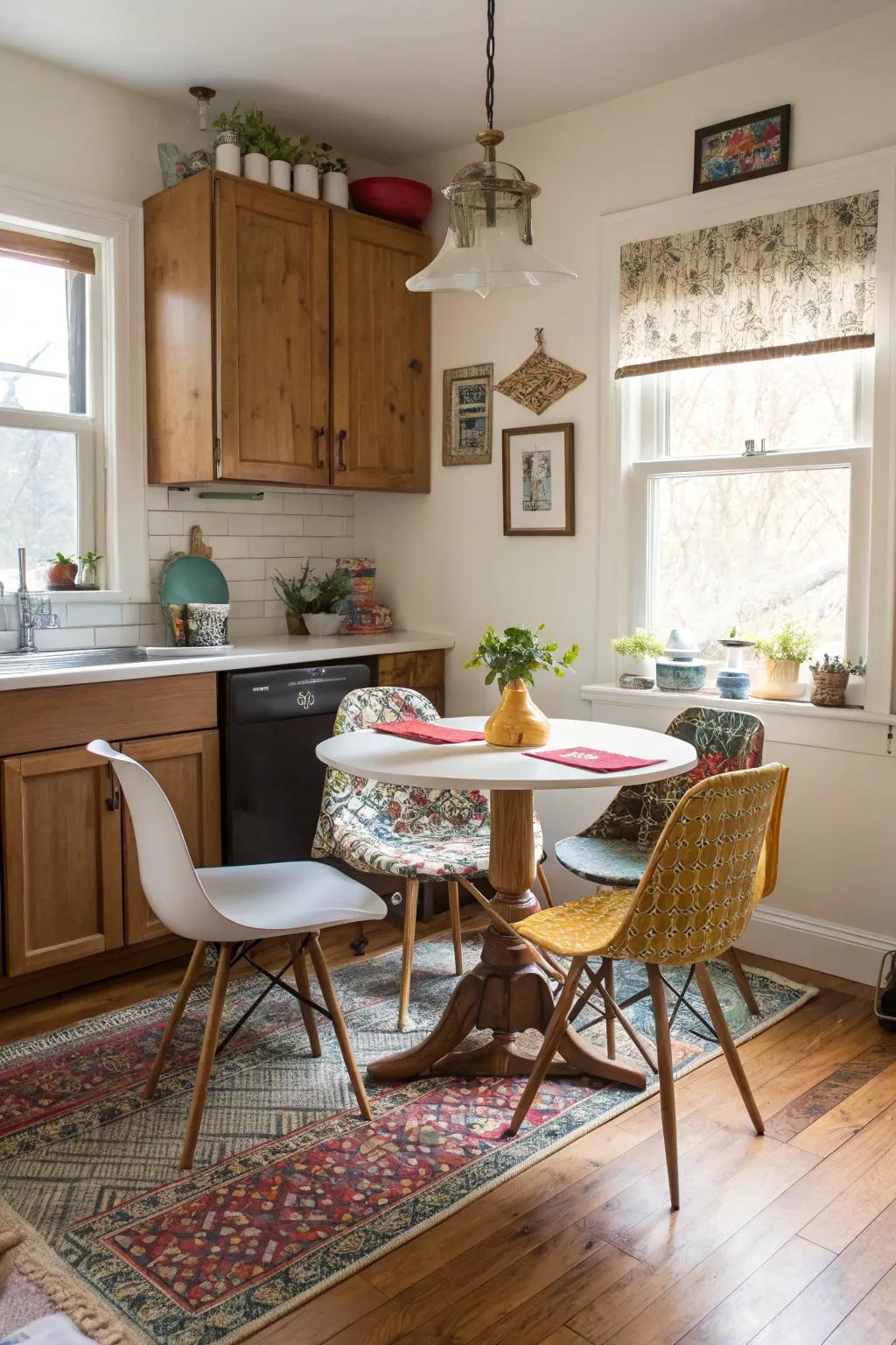 Varied seating styles adding personality to a small kitchen table.