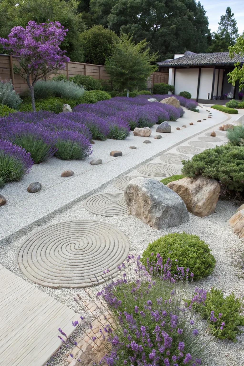 Lavender enriches Zen gardens with tranquility and fragrance.