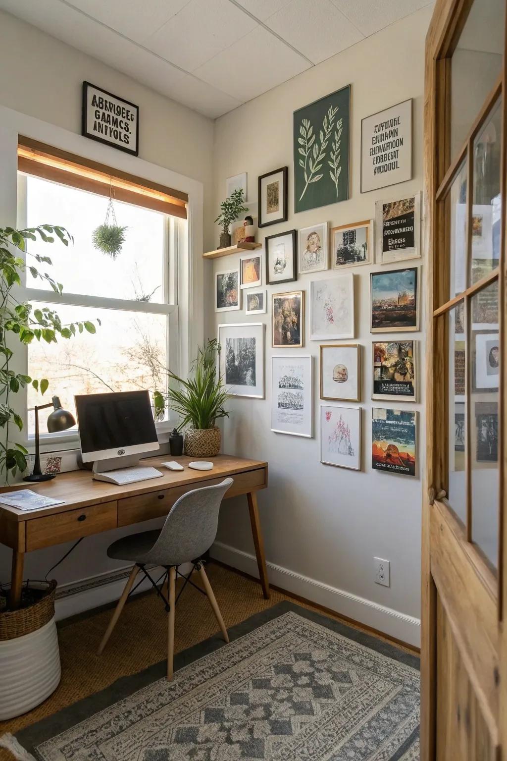 Gallery walls add a personal touch and provide inspiration to your office space.