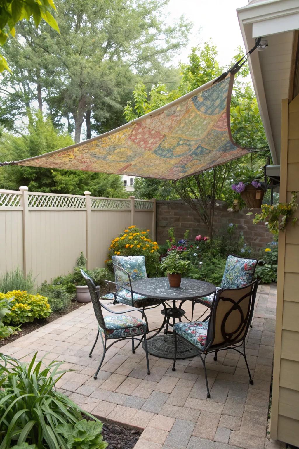 A DIY shade sail provides relief from the sun.