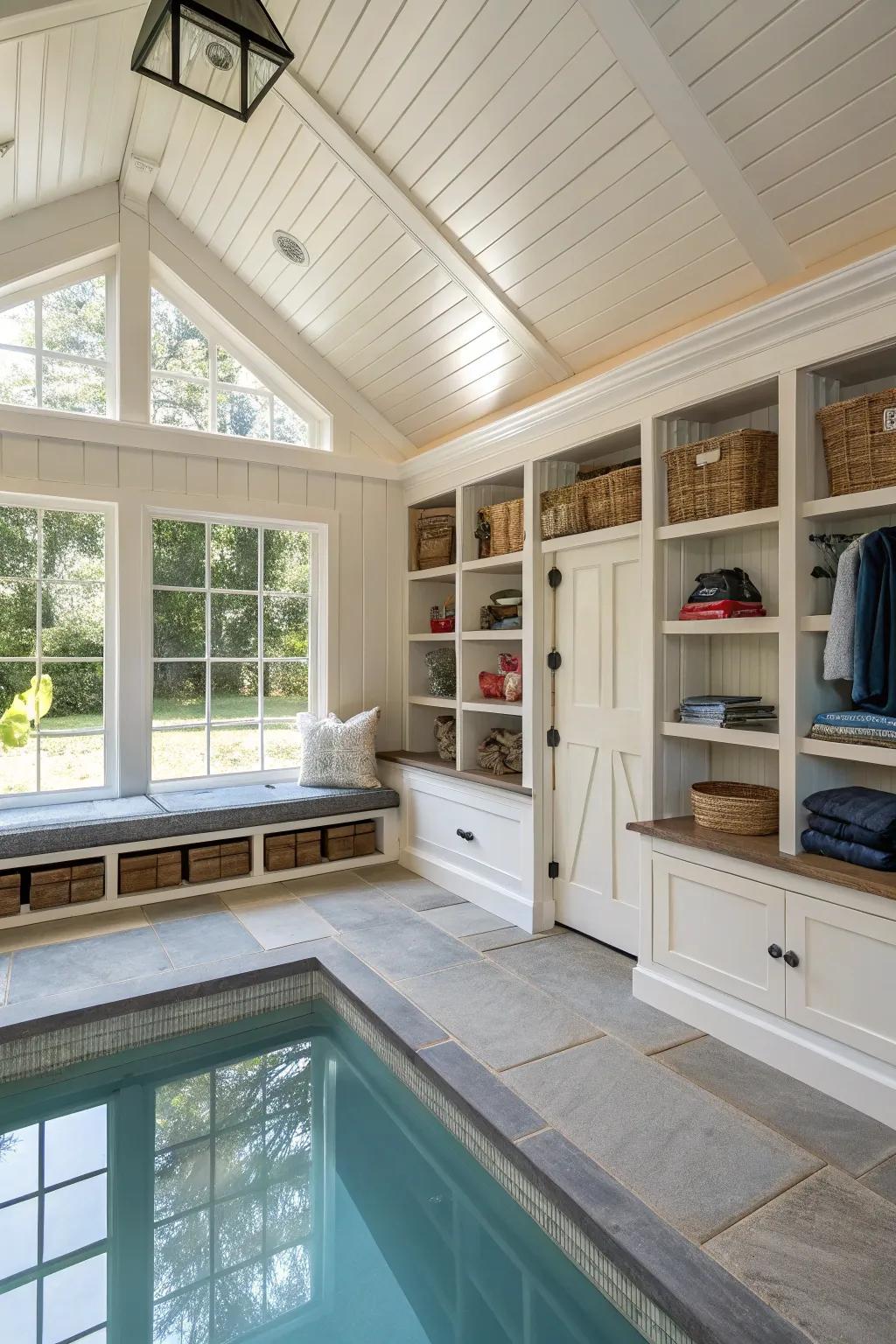 Concealed stowage keeping the pool house organized.