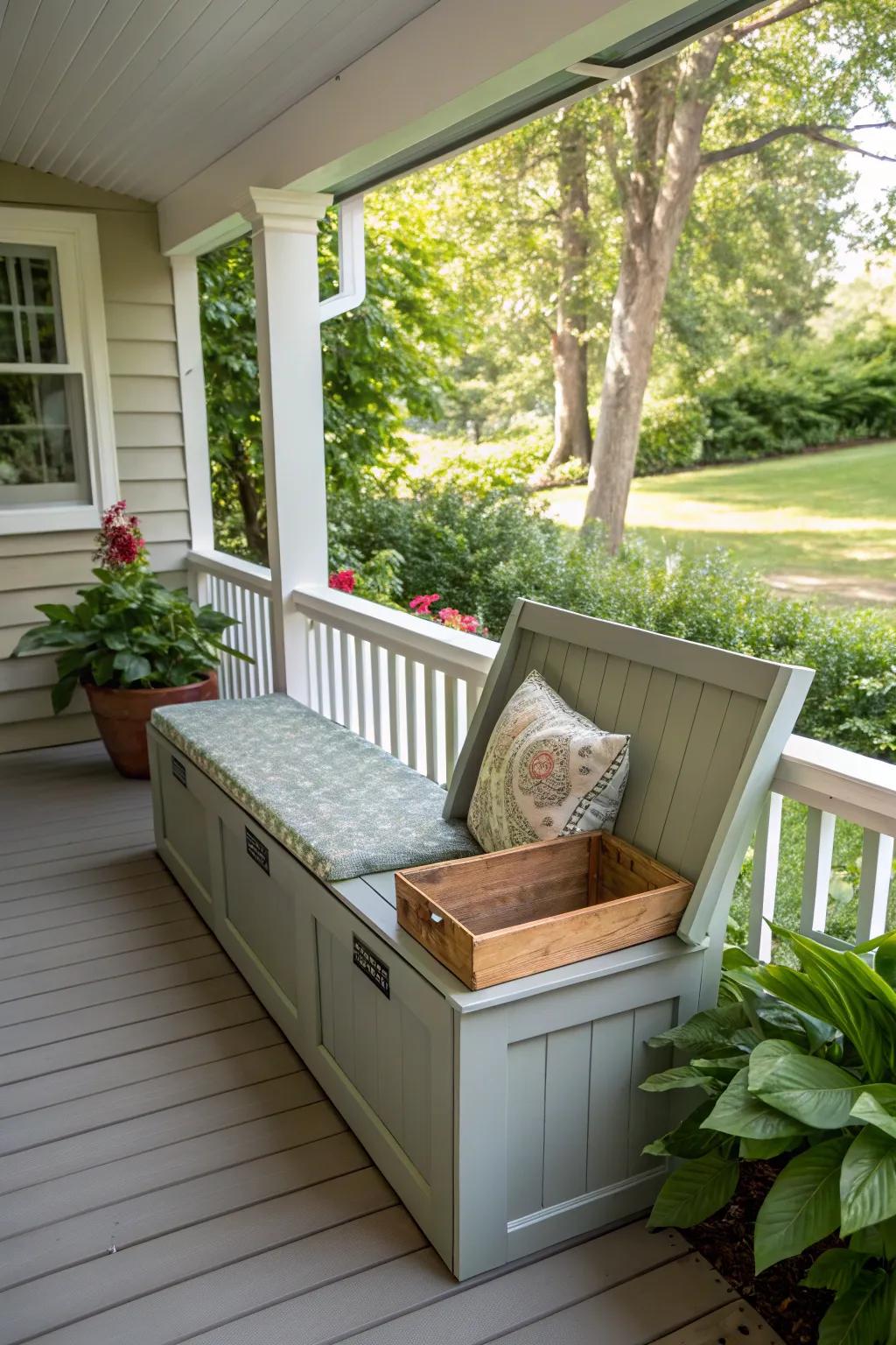 A side porch featuring a bench offering hidden storage for a neat presentation.