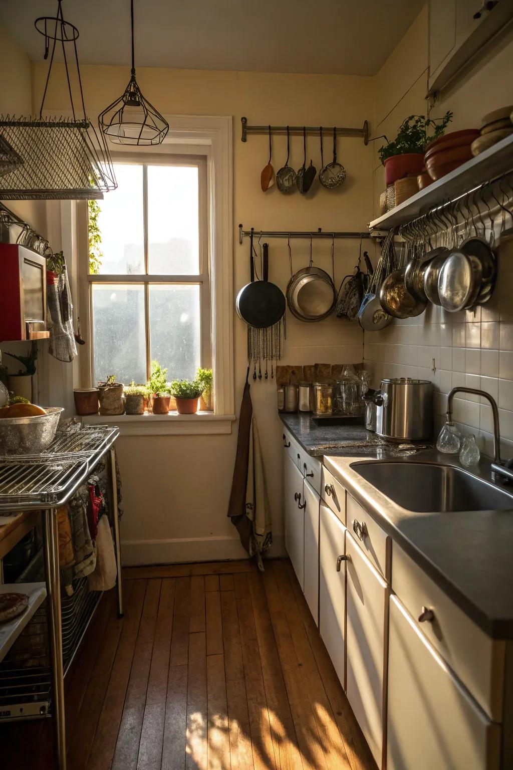 Metallic racks furnishing practical storage within small kitchens.