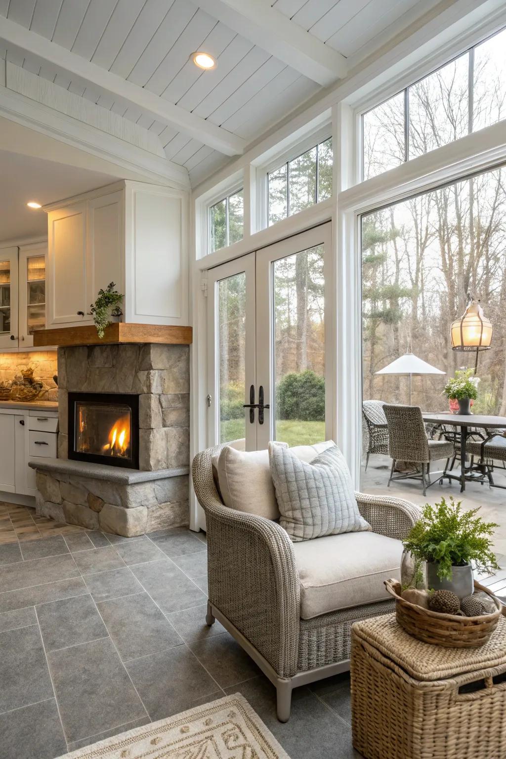 A hearth feature injects warmth and a pleasant setting.