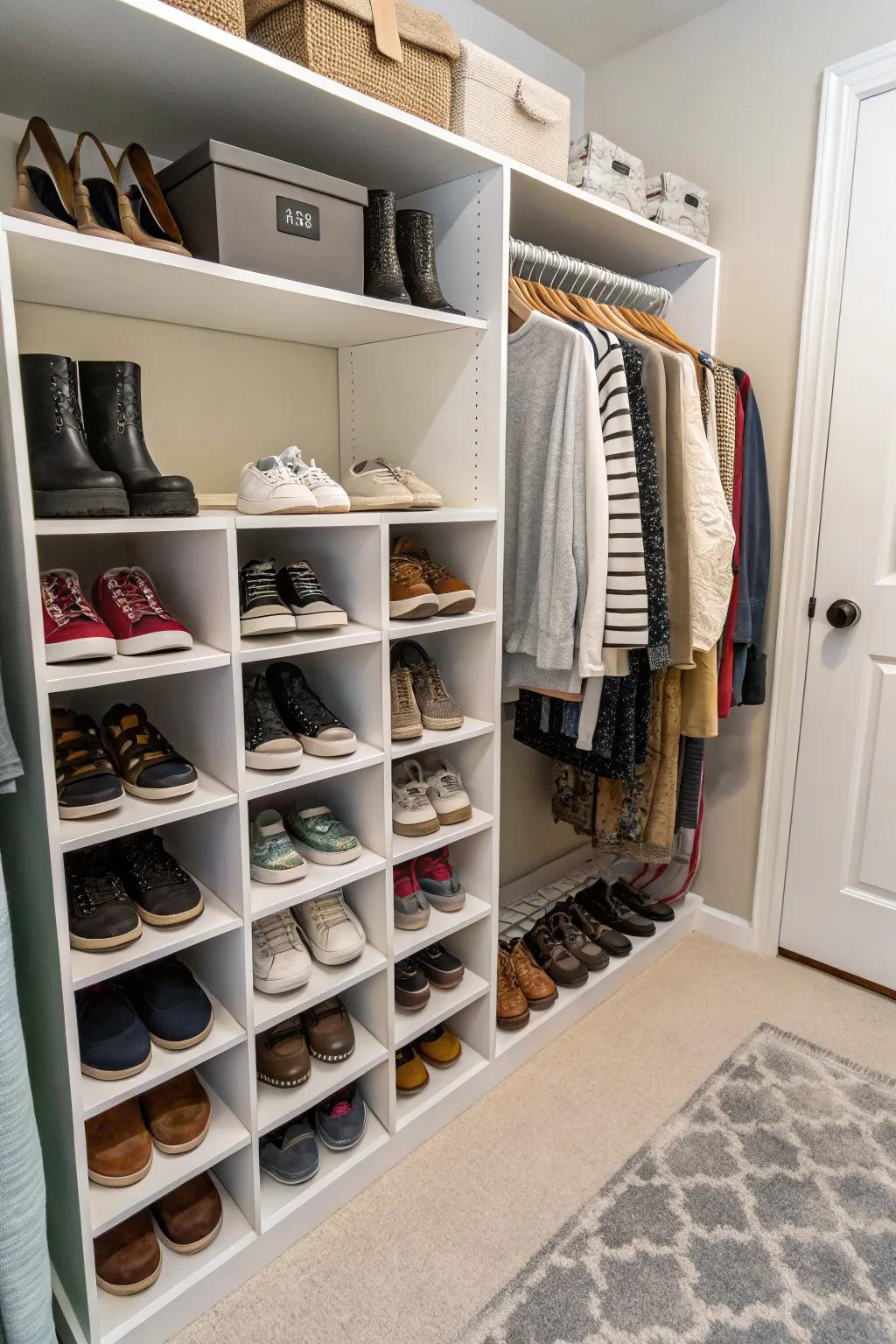 Footwear cubbies sustain organized and accessible footwear.