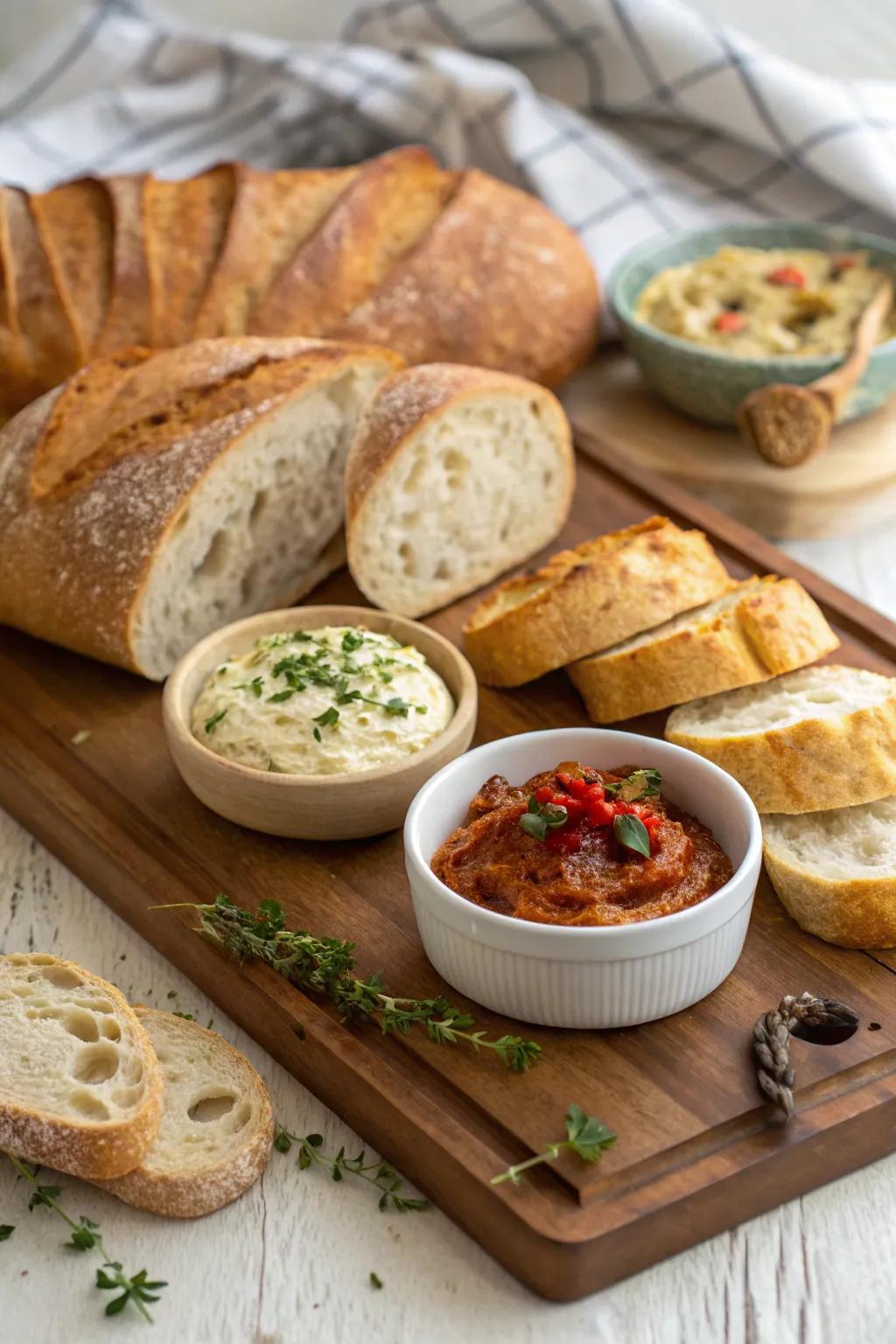 An artisanal bread and dip ensemble, adding warmth and comfort to the gathering.